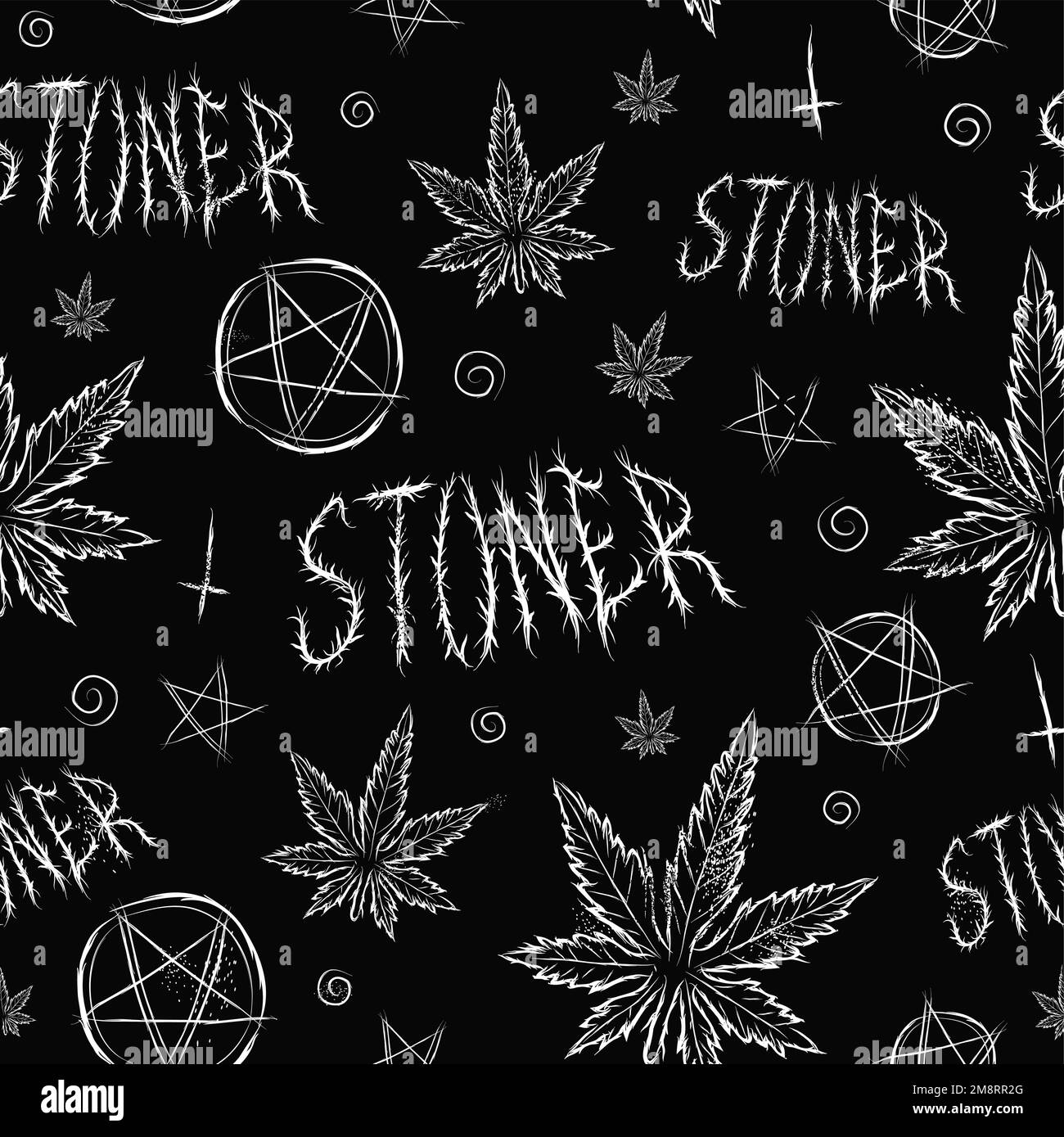 Foglia di marijuana erbaccia, citazione stoner, modello senza giunture pentagramma. Disegno vettoriale a mano. Cannabis, erbacce, motivo senza giunture, concetto di carta da parati Illustrazione Vettoriale