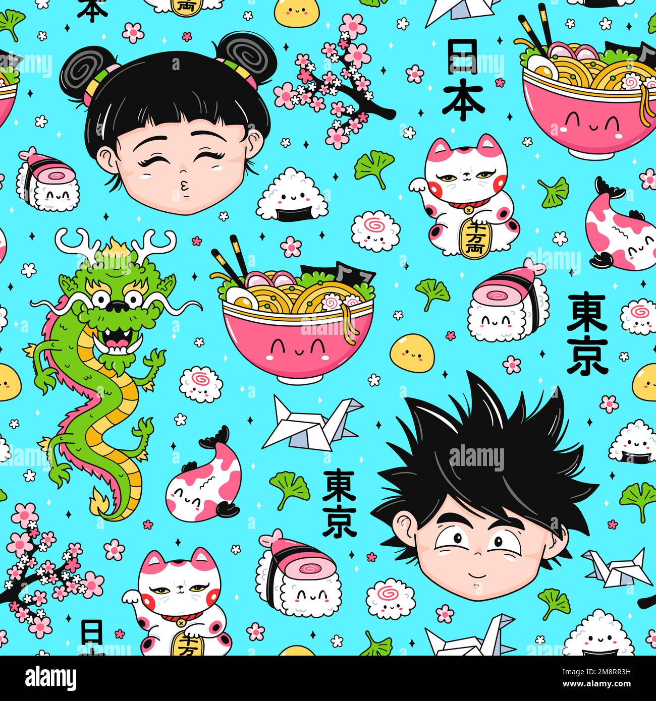 Simpatico divertente ANIME Giappone stile senza cuciture modello. Icona di illustrazione del carattere del cartoon Kawaii disegnato a mano del vettore. Cute Japan anime,manga boy,girl,drago,sushi,ramen cartoon kawaii seamless pattern concept Illustrazione Vettoriale