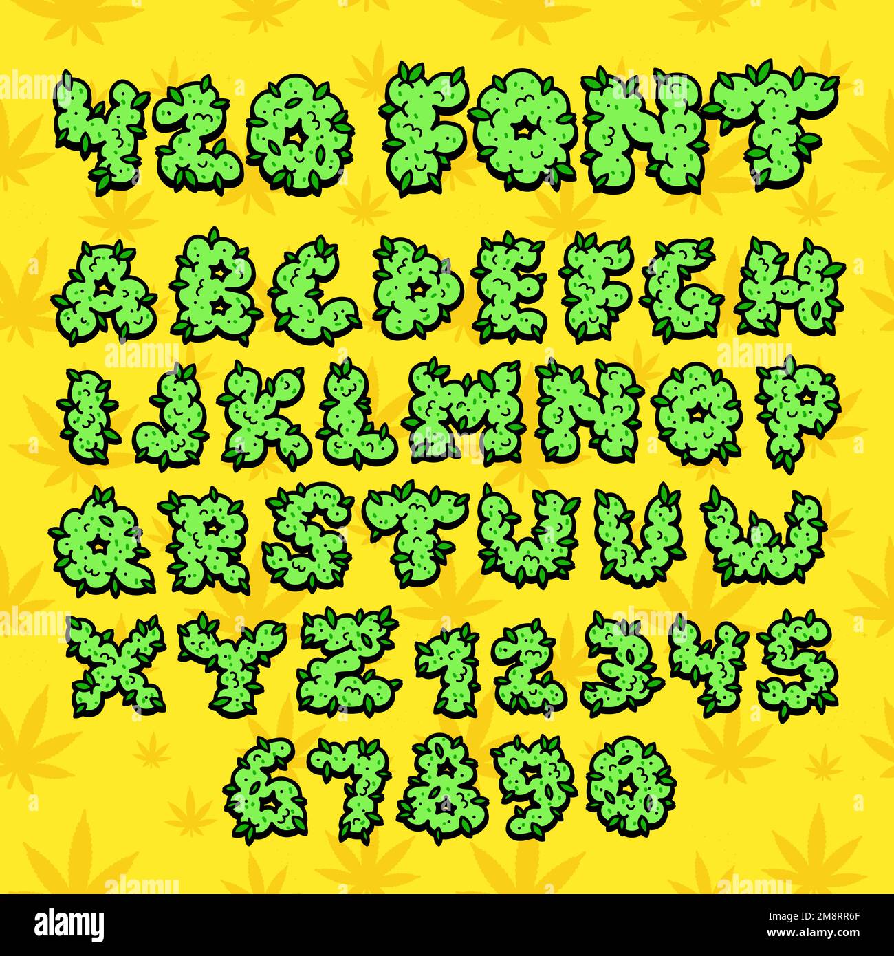 Caratteri di cannabis font.Vector disegno grafico a mano. Divertente trippy, cannabis, marijuana, erba bocciolo, 420, stampa rasta per t-shirt, poster, logo art concept Illustrazione Vettoriale