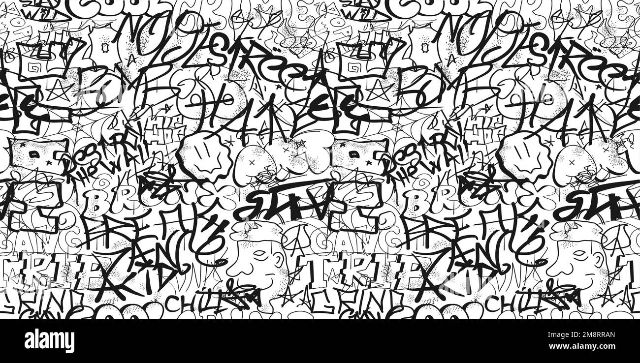Graffiti senza cuciture motivo sfondo art.Vector grafica sfondo illustrazione.Graffiti lettering, arte urbana senza cuciture motivo sfondo concetto di stampa Illustrazione Vettoriale