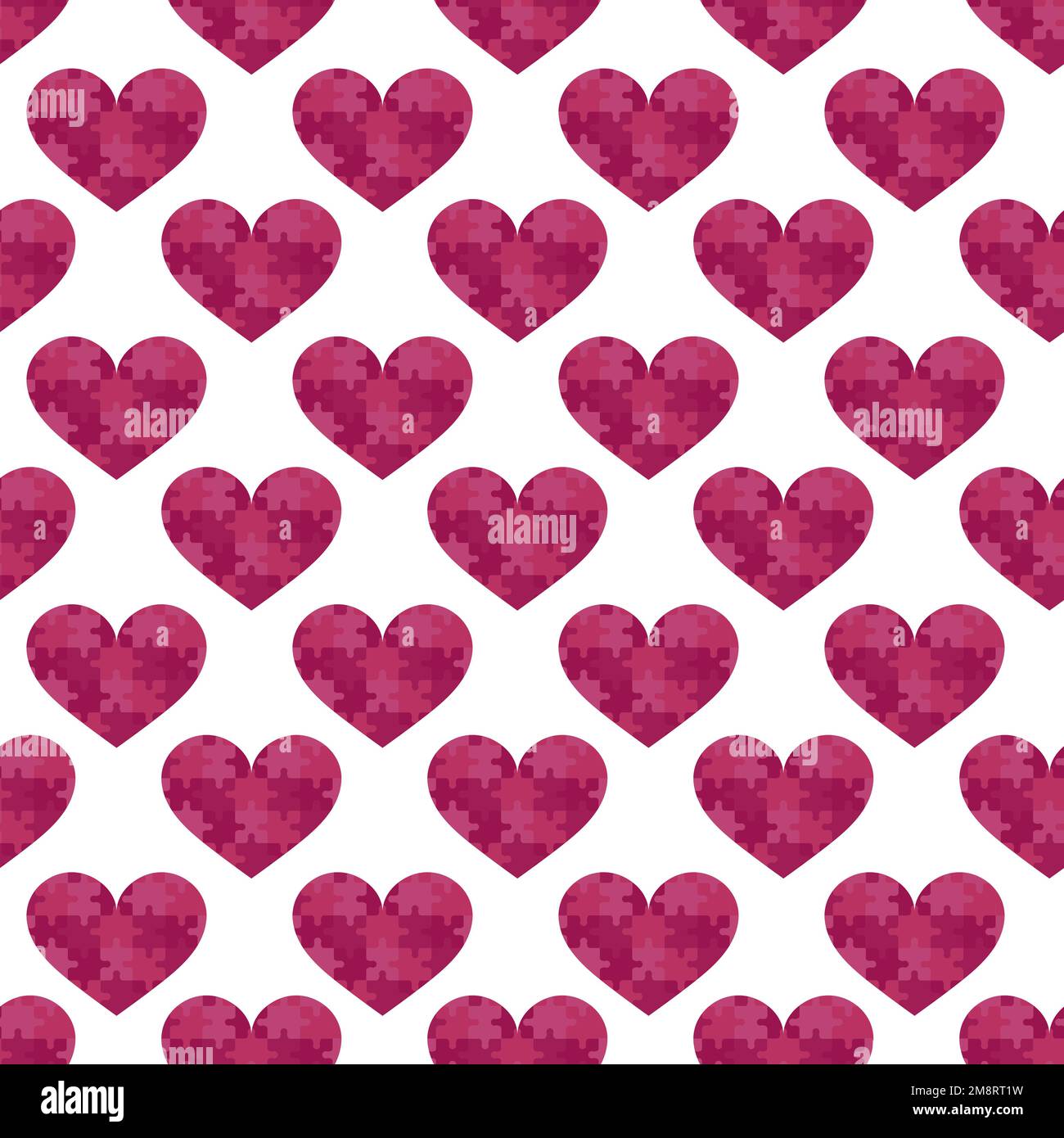 Carino puzzle cuori senza cuciture sfondo. Modello romantico per San Valentino giorno, matrimonio, data. Simboli d'amore. Colori rosa scuro e bianco. Vettore til Illustrazione Vettoriale
