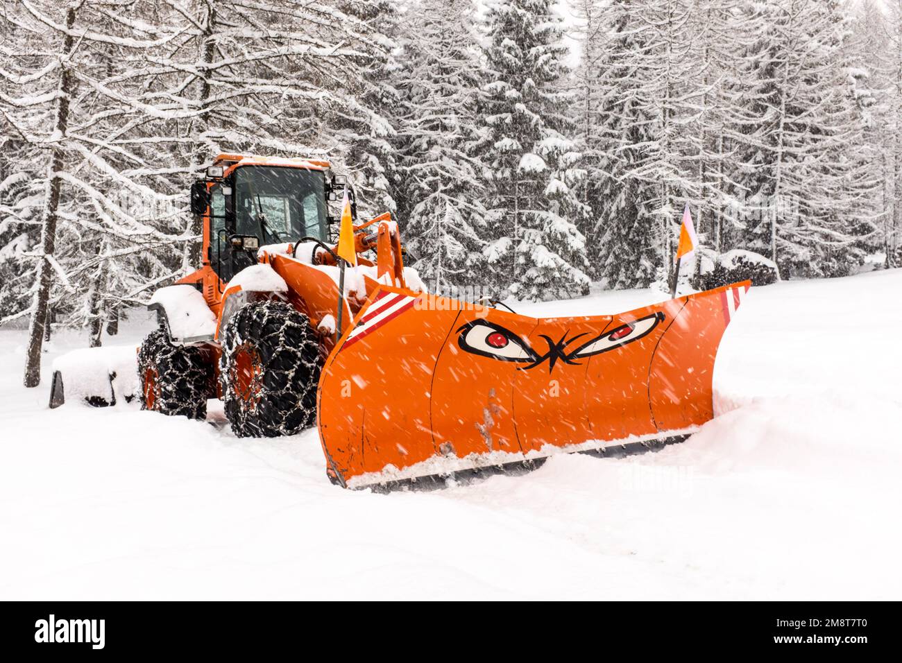Sehr origineller Schneepflug mit Augen Foto Stock