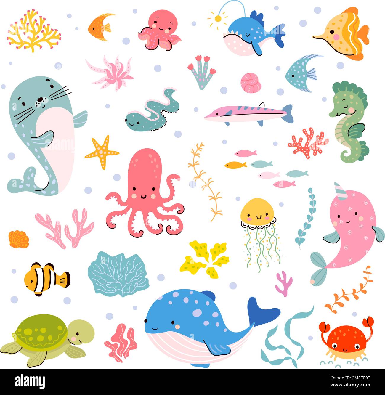 Ocean carino animali, marino acquatico cartoon pesce balena narval. Animale marino divertente, cavalluccio marino e tartaruga. Vita subacquea personaggi vettoriali del bambino Illustrazione Vettoriale