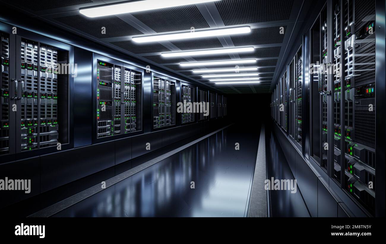 Una moderna sala server che supporta i calcoli di intelligenza artificiale Foto Stock
