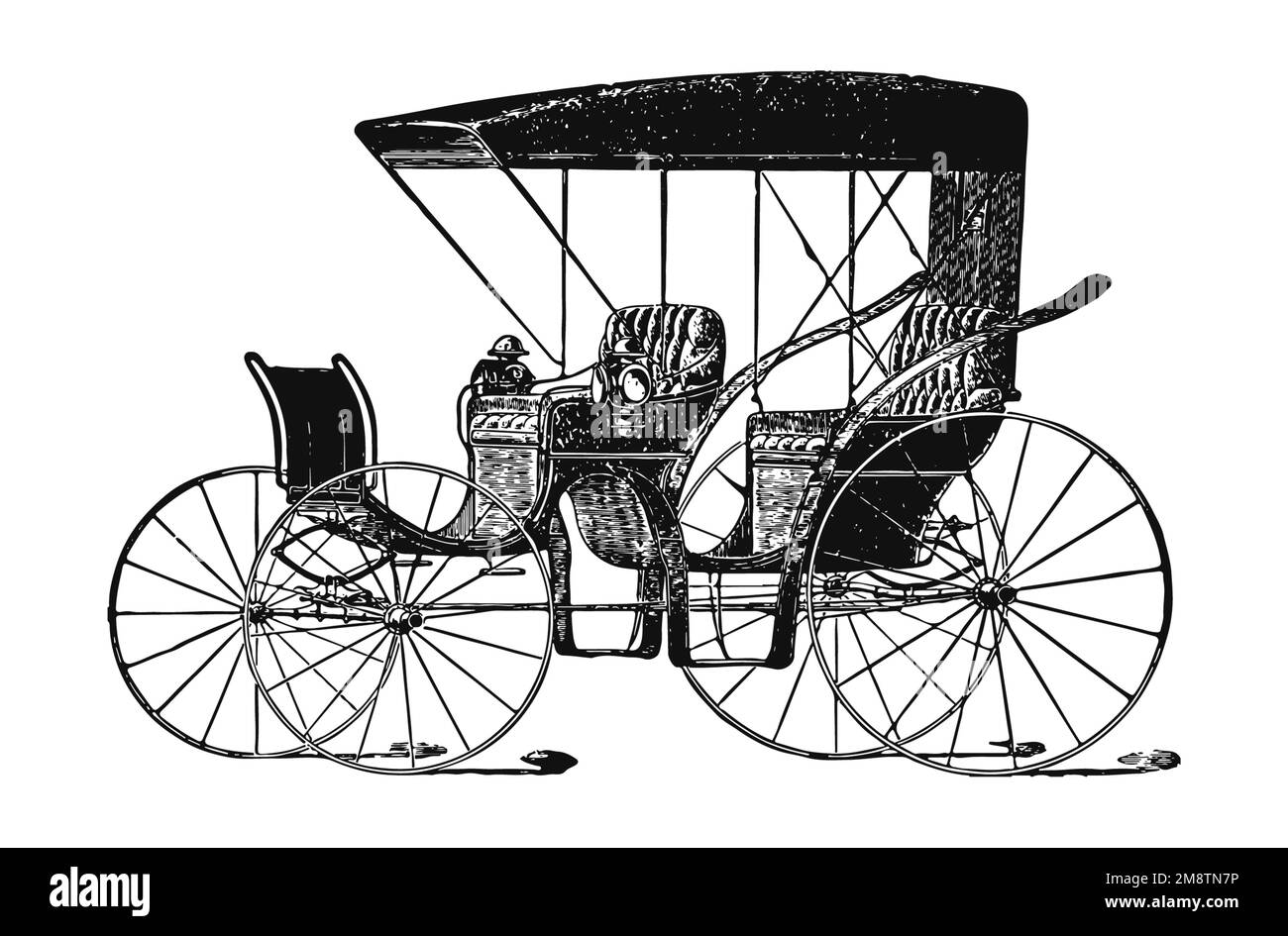 Carrozza a baldacchino, incisione, ca. 1880: un veicolo a quattro ruote per passeggeri con file di sedili imbottiti, sostegni del tetto snelli, lampade laterali e un gradino profondo. Foto Stock
