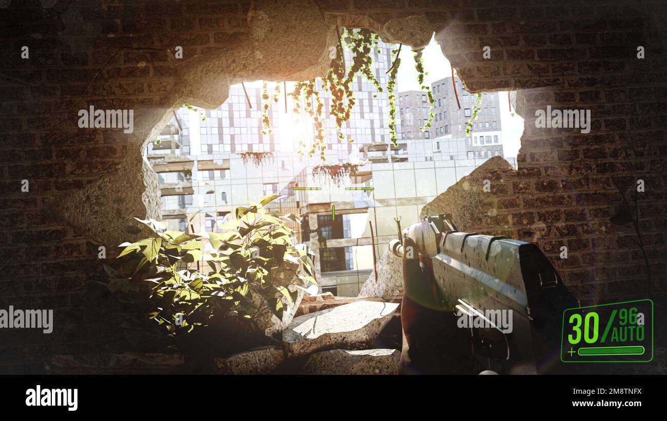 Sparatutto in prima persona gioco di guerra screenshot concetto - uomo che corre con un fucile AK-47 all'interno dell'edificio distrutto dalla guerra - 3D illustrazione Foto Stock
