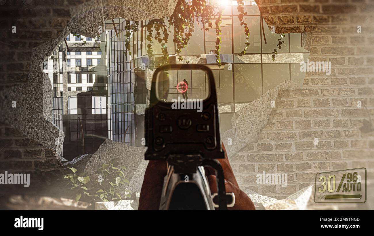 Sparatutto in prima persona gioco di guerra screenshot concetto - uomo che punta nemico con un fucile AK-47 con collimatore scope all'interno dell'edificio distrutto - 3D illlust Foto Stock