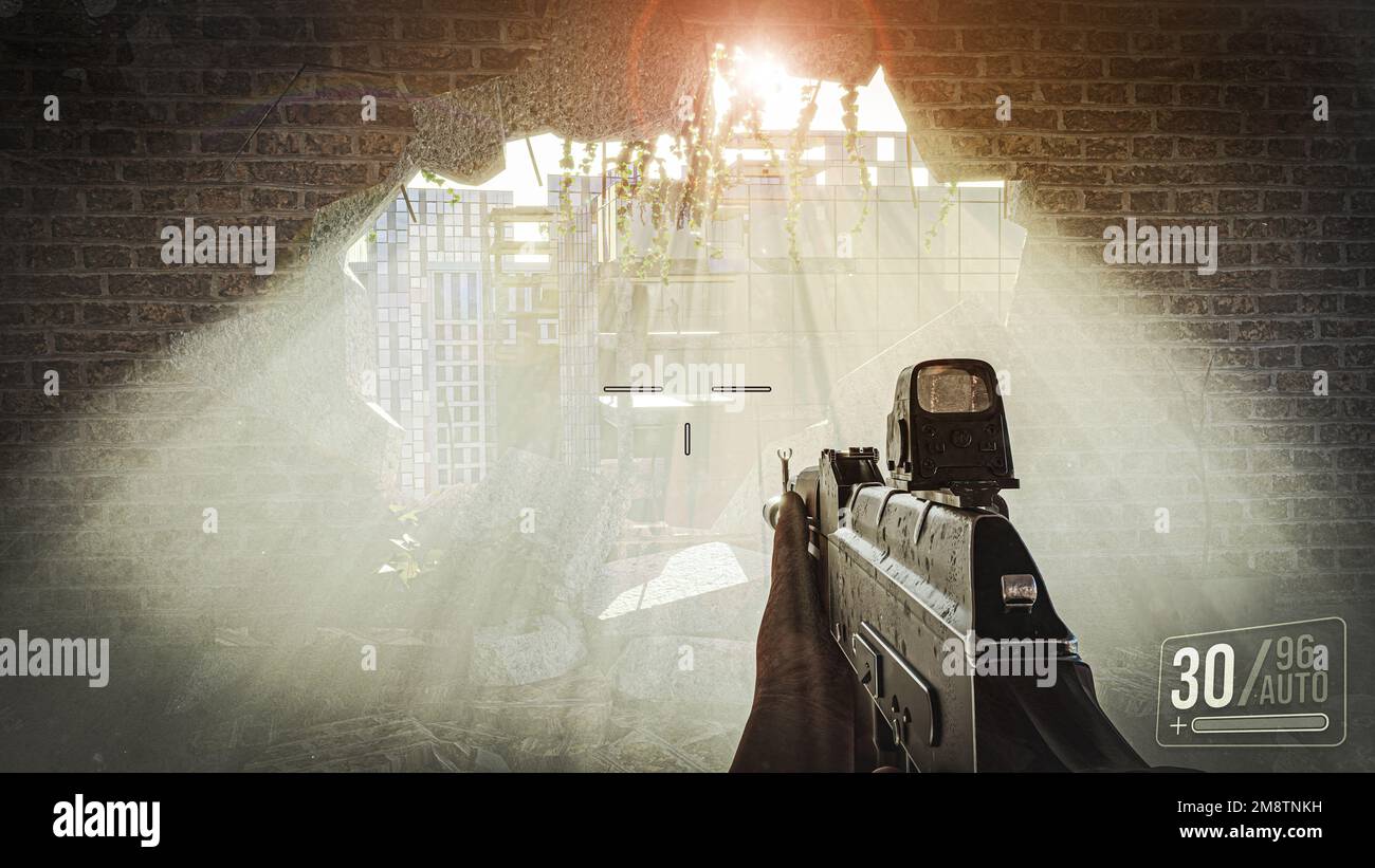 Sparatutto in prima persona gioco di guerra screenshot concetto - uomo che corre con un AK-47 con collimatore scope fucile all'interno dell'edificio distrutto dalla guerra - illus 3D Foto Stock