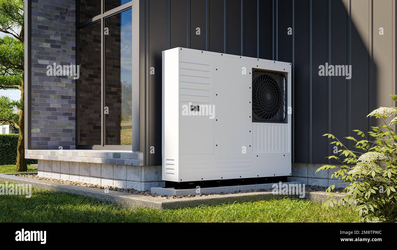 Pompa di calore installata alla parete di una casa singola 3D render mostrando fonti di energia rinnovabile. Foto Stock