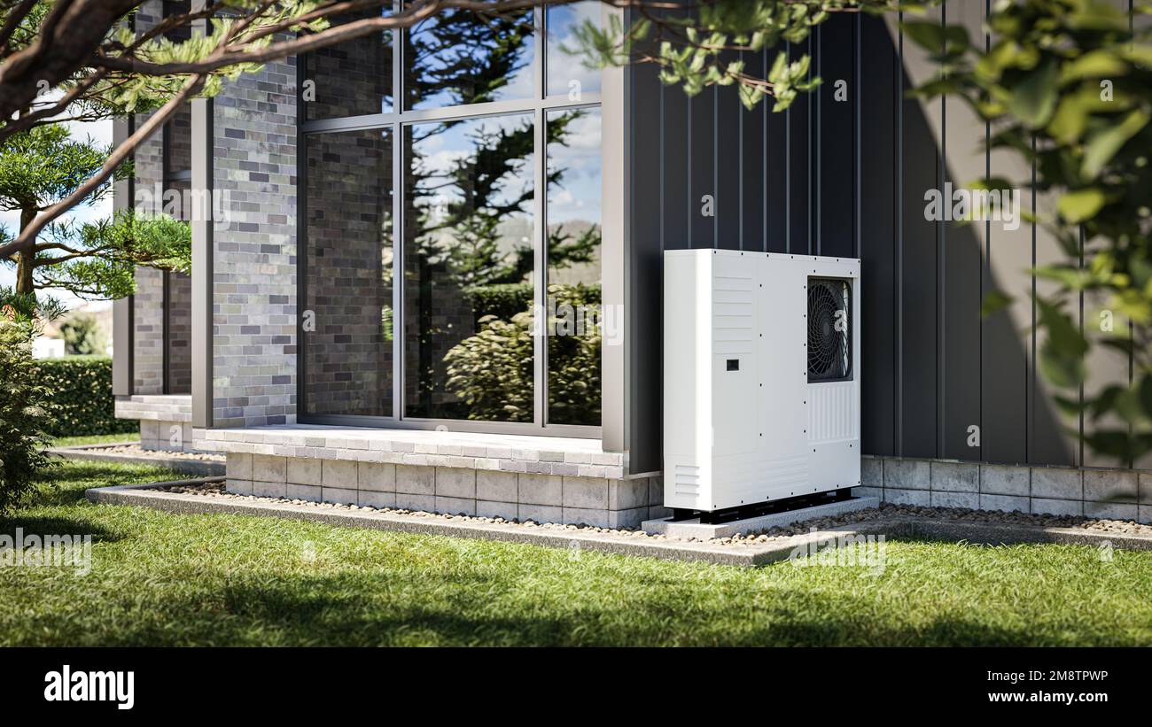 Pompa di calore installata alla parete di una casa singola 3D render mostrando fonti di energia rinnovabile. Foto Stock
