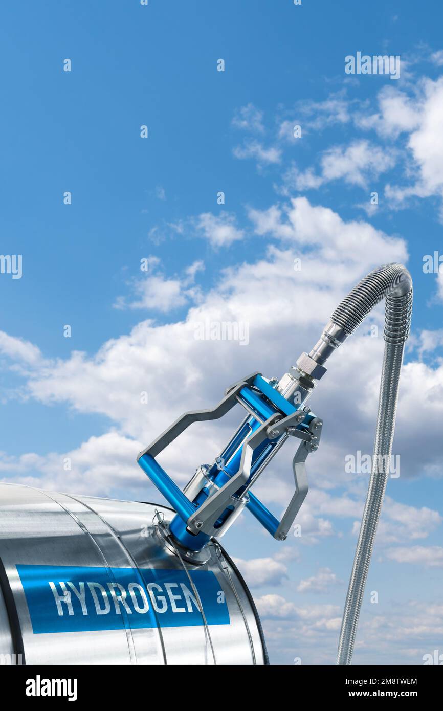 Ugello carburante futuristico con l'iscrizione idrogeno su sfondo cielo blu. Concetto di energia sostenibile Foto Stock