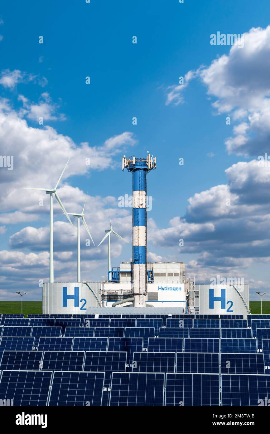 Concetto di fabbrica di idrogeno. Produzione di idrogeno da fonti energetiche rinnovabili Foto Stock