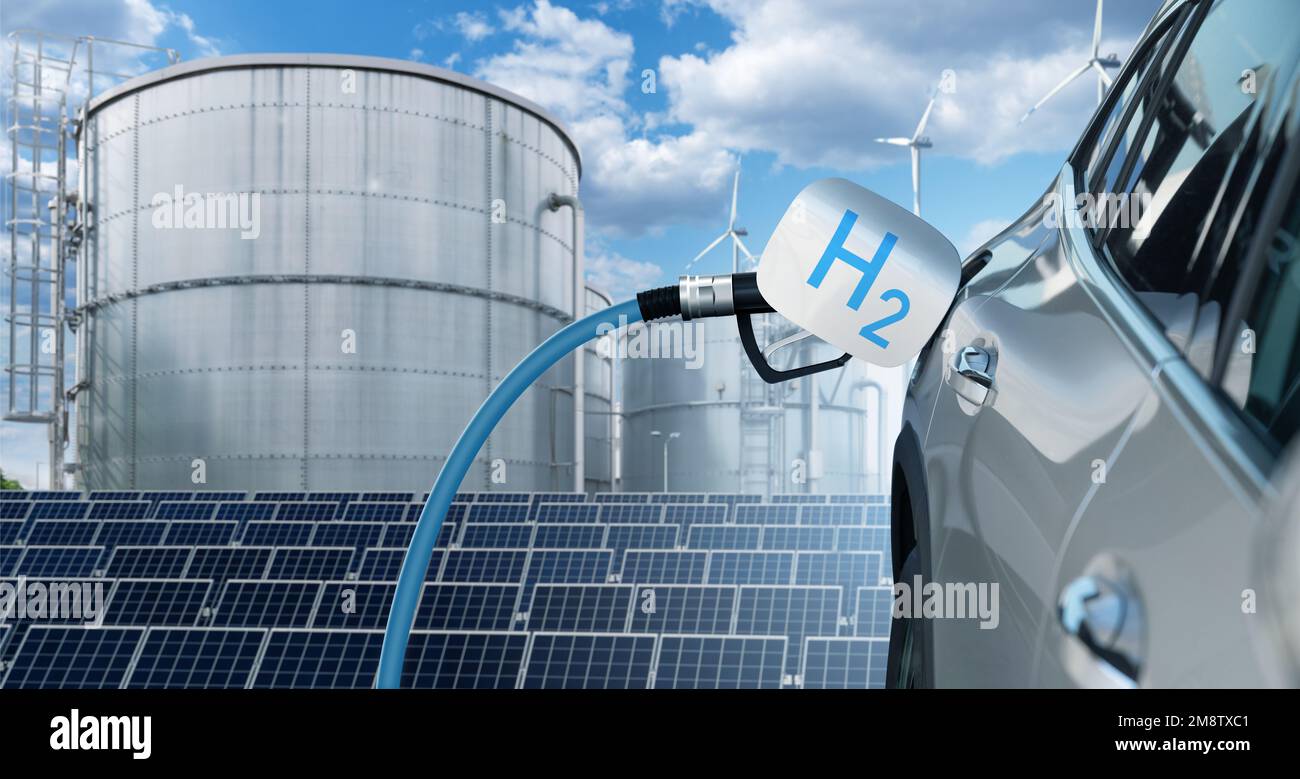 Auto con ugello di rifornimento di idrogeno su un background di H2 fabbrica. Concetto di produzione di idrogeno da fonti di energia rinnovabili Foto Stock