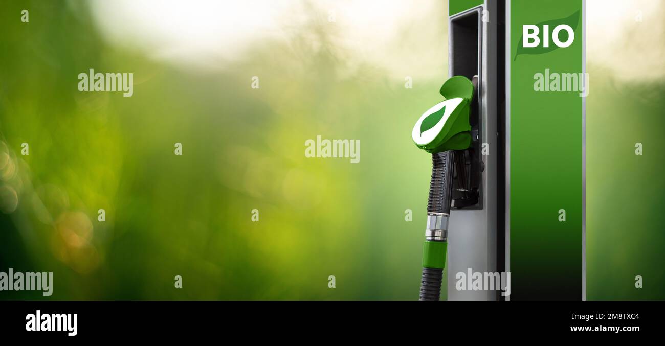 Stazione di riempimento dei biocarburanti su sfondo verde Foto Stock