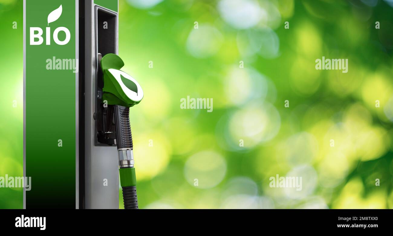 Stazione di riempimento dei biocarburanti su sfondo verde Foto Stock