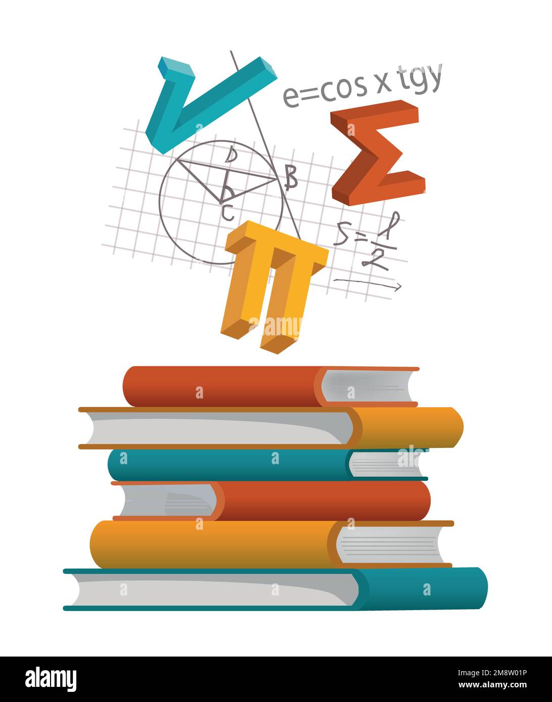 Un mucchio di libri di matematica. Illustrazione di libri con simboli matematici e note. Vettore disponibile. Illustrazione Vettoriale