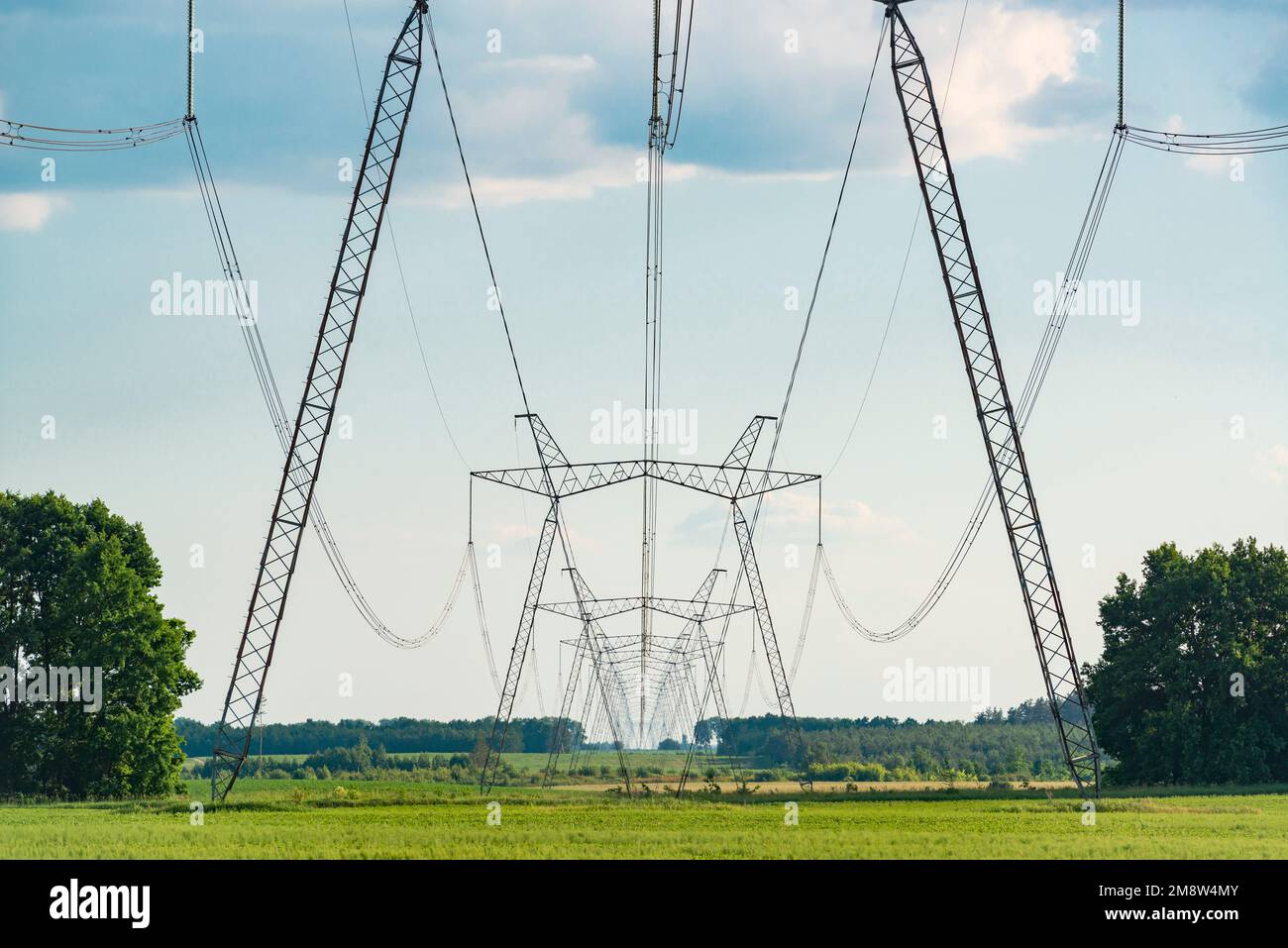 Fila di piloni di supporto della linea elettrica sul campo di campagna. Paesaggio industriale. Foto Stock