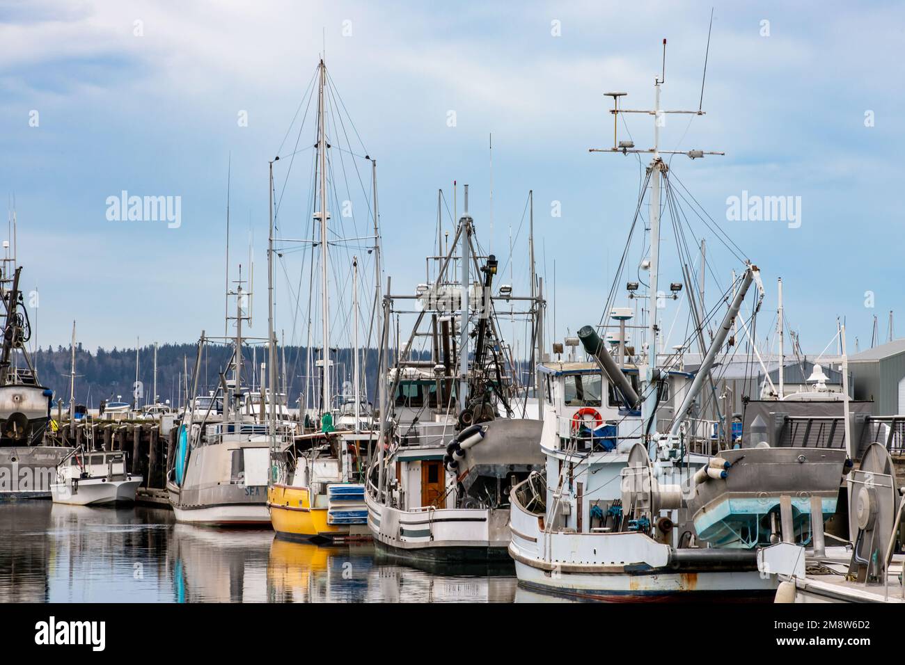 Everett WA USA - 01-11-2023: Barche da pesca ormeggiate al porticciolo di Everett Foto Stock