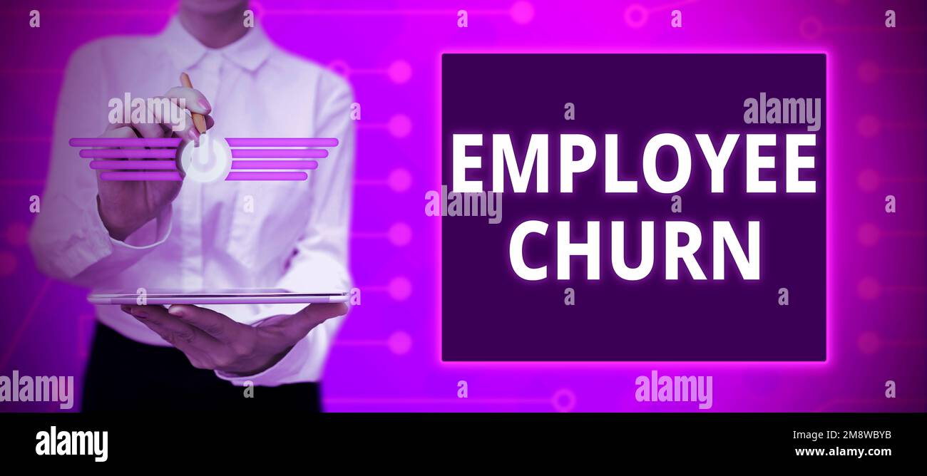 Ispirazione che mostra il segno Employee Churn. Il tasso di variazione dei lavori esistenti rispetto alla vetrina aziendale viene perso e aggiunto di nuovo Foto Stock