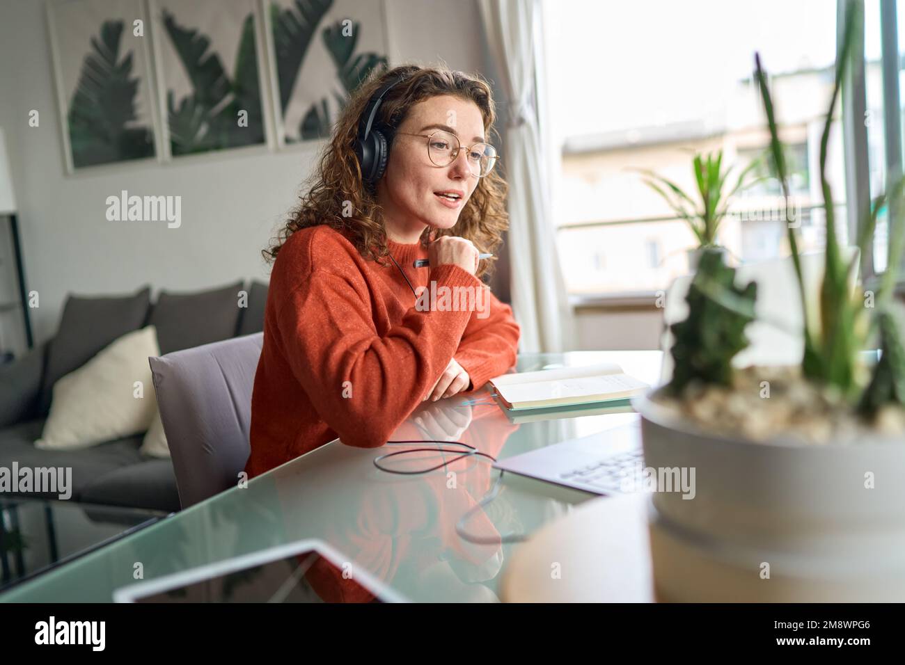 Una giovane donna che guarda il webinar elearning utilizzando il computer a casa. Foto Stock