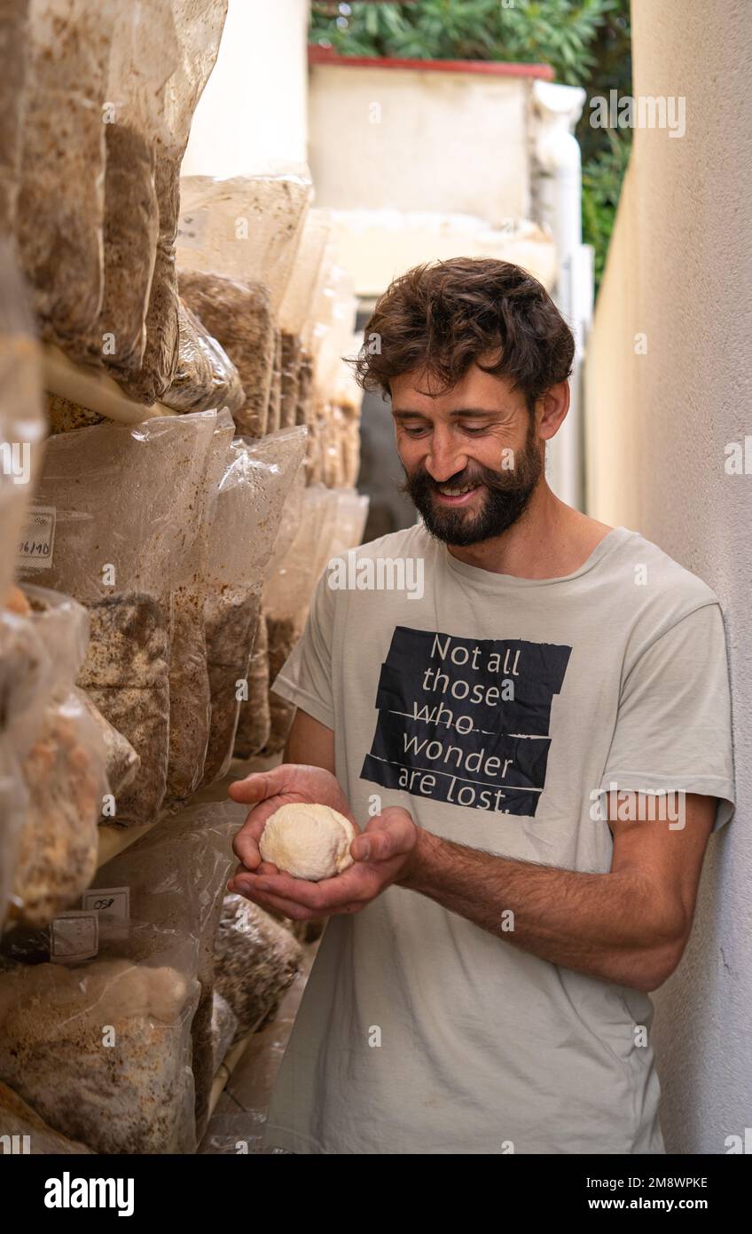 Giovane uomo felice tenendo il fungo della criniera del leone all'aperto Foto Stock