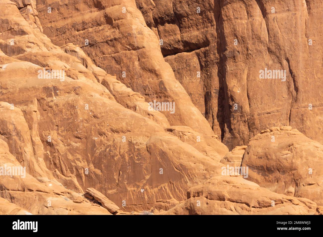 Una parete di pietra arenaria che mostra molti strati che mostrano il dettaglio e il colore della roccia. Foto Stock