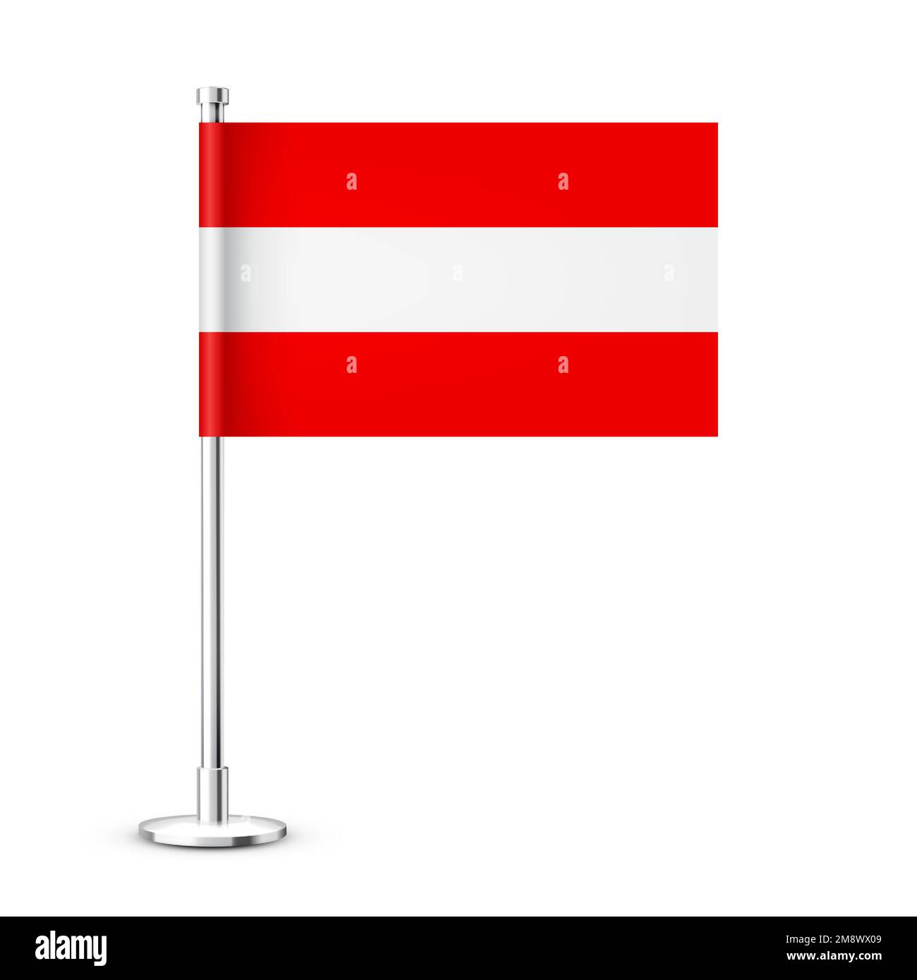 Bandiera da tavolo austriaca realistica su un palo in acciaio cromato. Souvenir dall'Austria. Bandierina da scrivania in carta o tessuto e supporto in metallo lucido. Beffa per Illustrazione Vettoriale