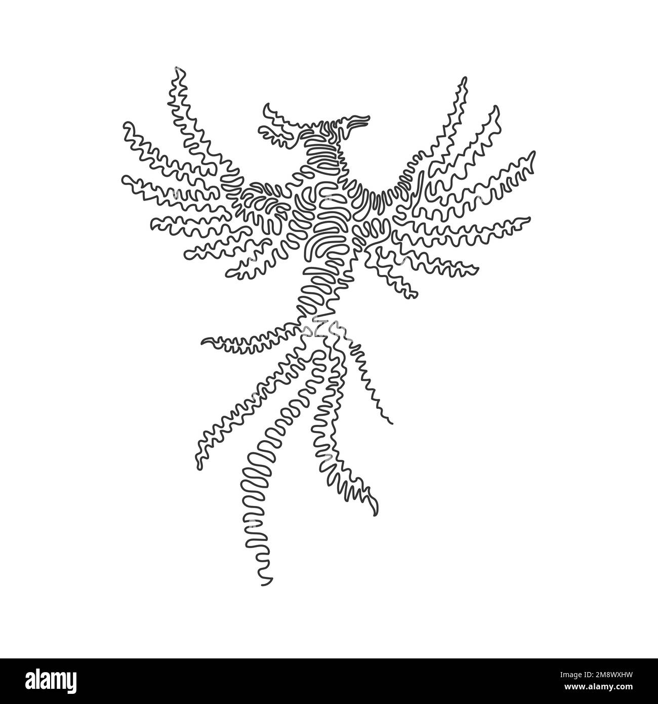 Curva continua una linea di disegno di una fenice è un'arte astratta immortale dell'uccello Immagine vettoriale del tratto modificabile a linea singola di un uccello favoloso Illustrazione Vettoriale