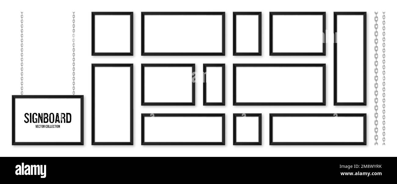 Cartelli neri appesi su una catena metallica. Menu del ristorante. Moderno poster mockup. Foto o cornice vuota. Pubblicità o presentazione Illustrazione Vettoriale