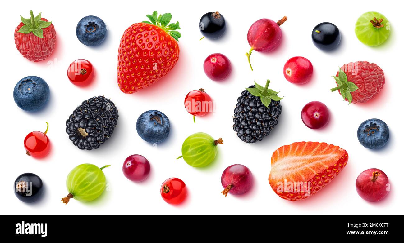 Frutta e frutti di bosco isolati su sfondo bianco, vista dall'alto, piatto Foto Stock