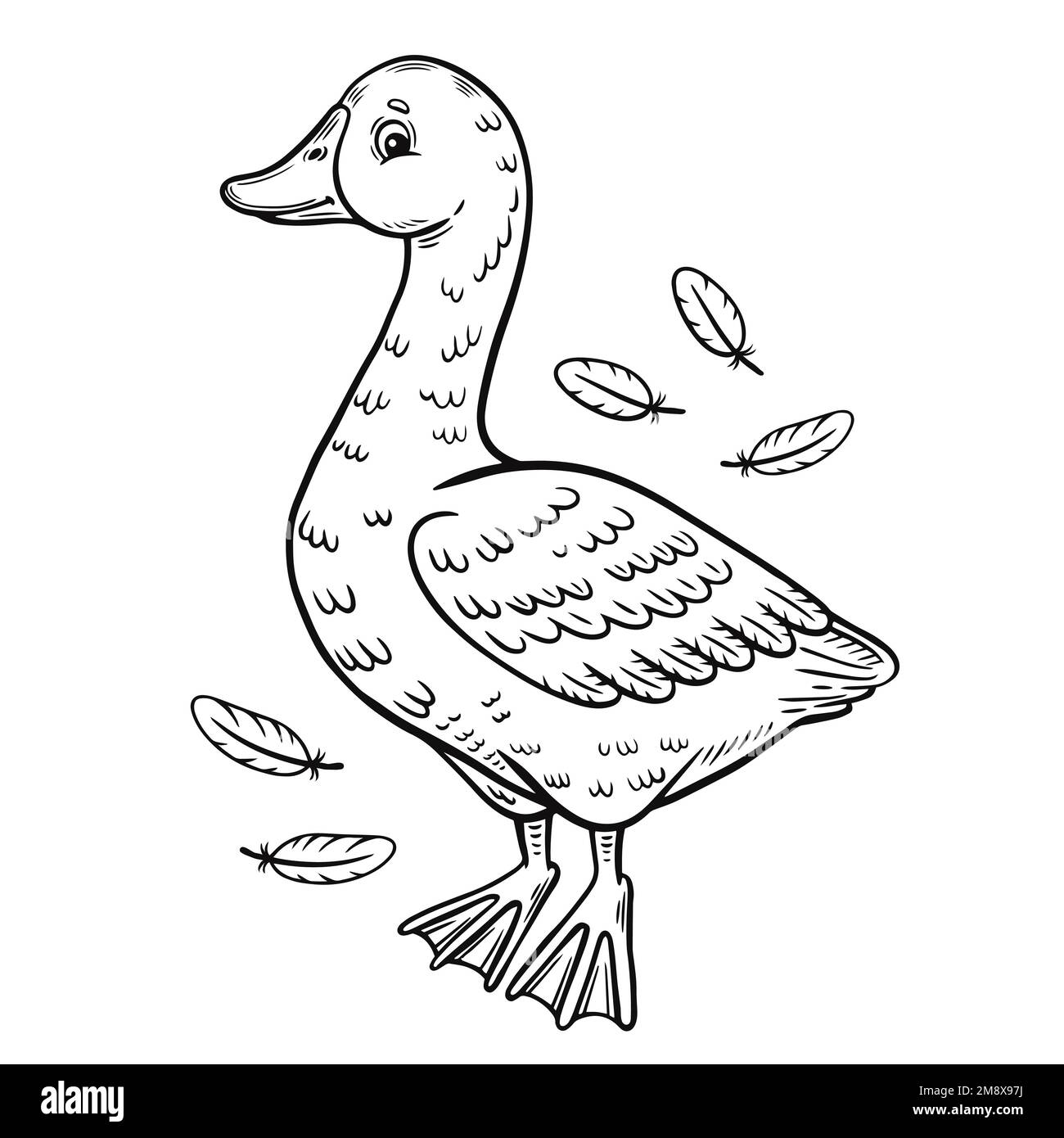 Carino oca, anatra fattoria uccelli acquatici con piume Quills linea icona. Animale di carattere del pulcino del cigno. Pagina libro da colorare per bambini. Gioco di educazione per bambini. Vettore Illustrazione Vettoriale