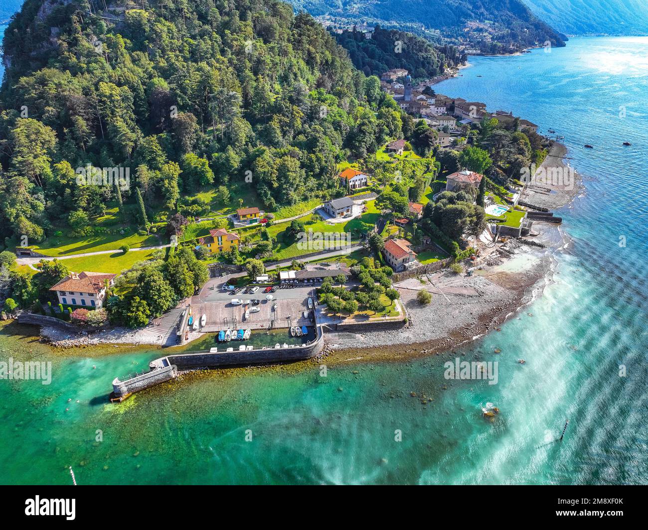 Veduta aerea del villaggio di Bellagio sul Lago di Como, in Italia. Foto Stock