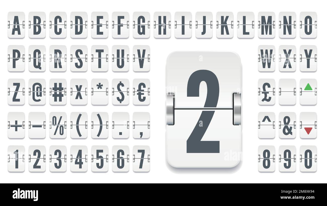 Alfabeto del tabellone segnapunti meccanico del terminale aeroportuale con i numeri per mostrare le informazioni sui tassi di cambio delle azioni. Font bianco flip board per visualizzare le informazioni finanziarie o l'illustrazione del vettore dei messaggi. Illustrazione Vettoriale