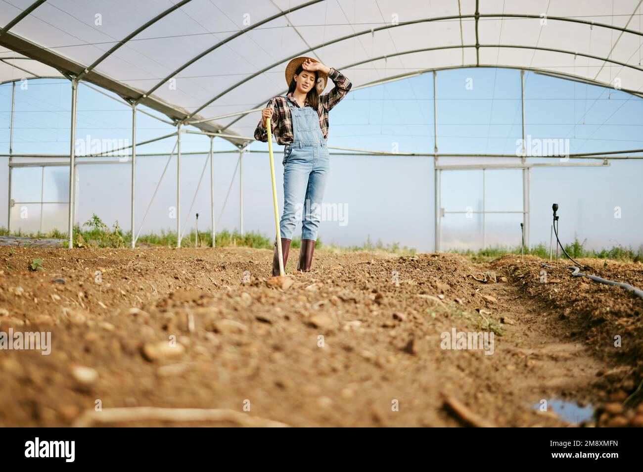 Un duro lavoro di giorni merita una ricompensa. una giovane agricoltrice che si sta stanca dopo una giornata di duro lavoro nella sua fattoria. Foto Stock