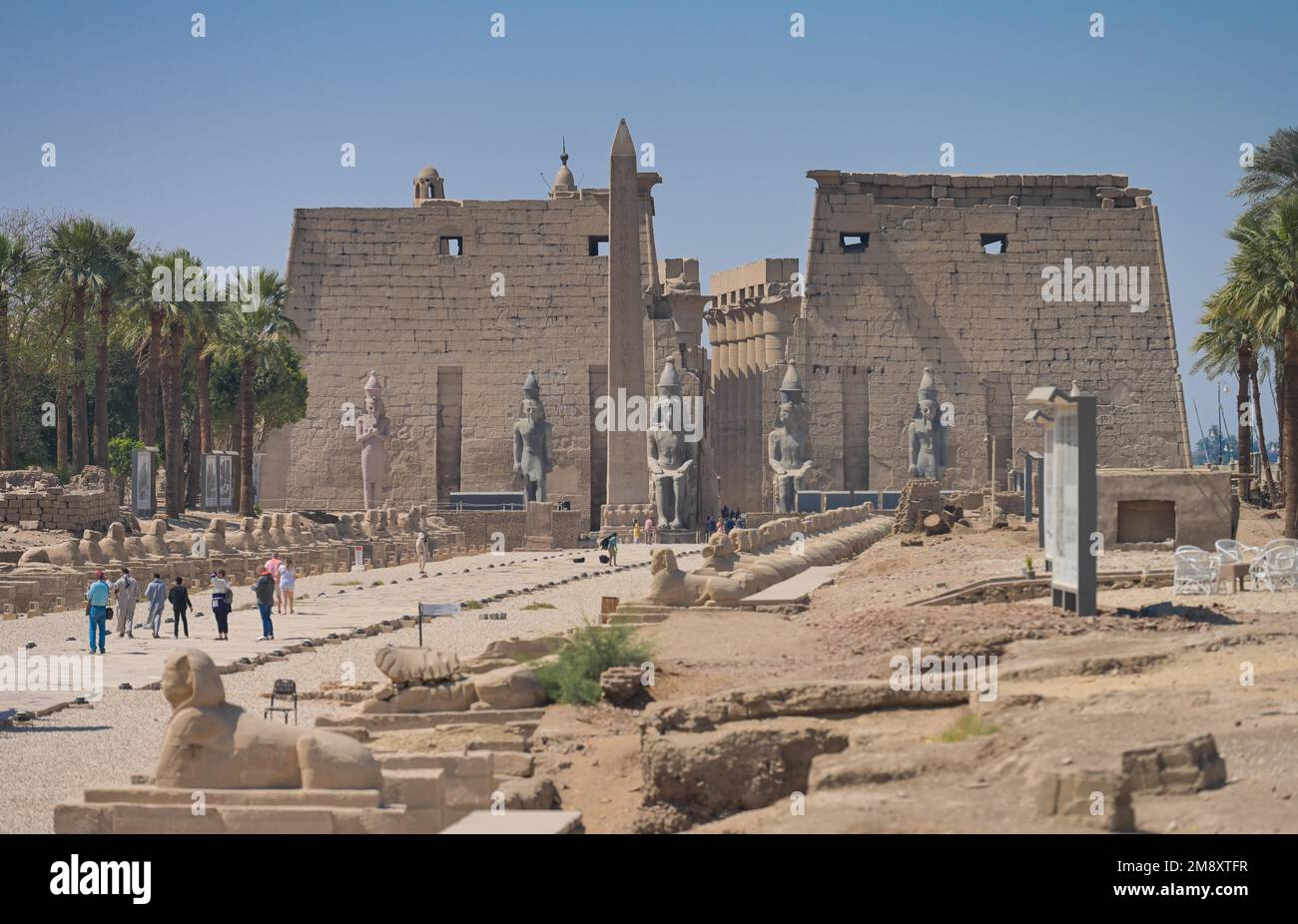 Via Sphinx, pilone con le figure di Ramses II e obelisco, antico tempio egiziano di Luxor, Luxor, Egitto Foto Stock