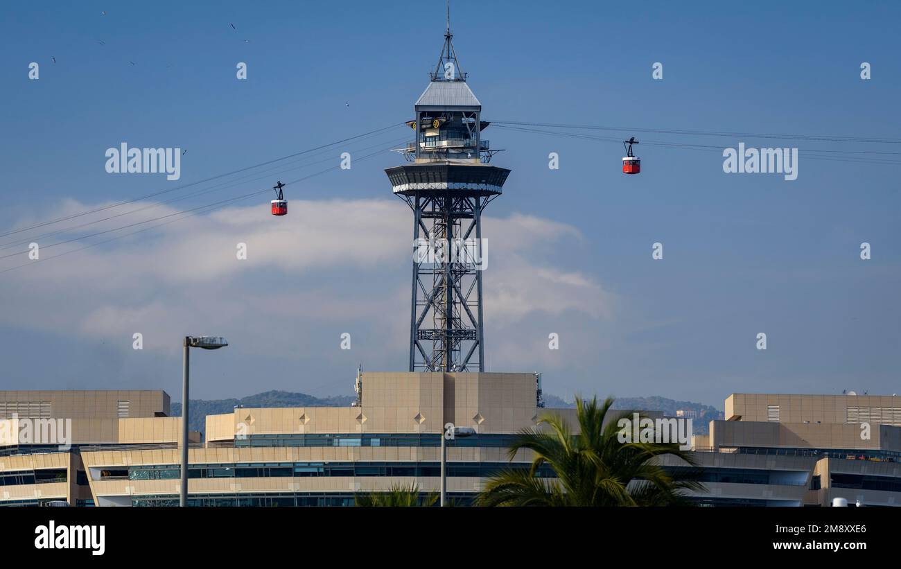 Funivia del porto, Torre Jaume i e World Trade Center di Barcellona (Catalogna, Spagna) ESP: Teleférico, torre Jaume i y World Trade Center Foto Stock