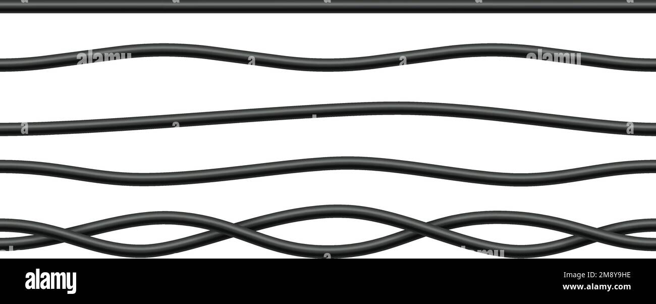Fili elettrici realistici. Energia di alimentazione via cavo. Cavo di rete spesso flessibile. Fili neri di collegamento del calcolatore elettrico. Cavo di linea senza cuciture. Vettore Illustrazione Vettoriale