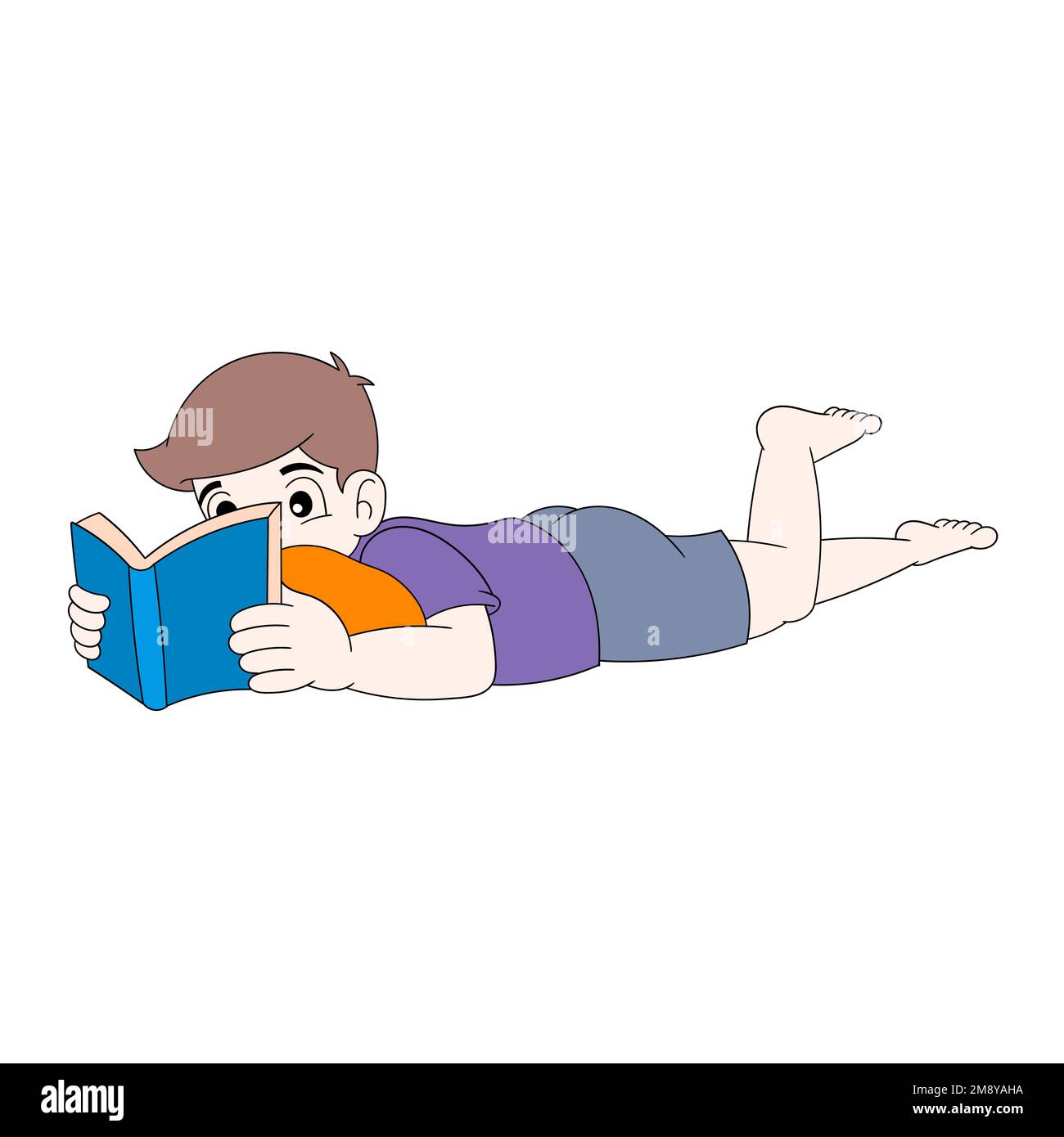 Il ragazzo diligente sta sdraiandosi sullo stomaco leggendo un libro di storia di vita. disegno vettoriale Illustrazione Vettoriale