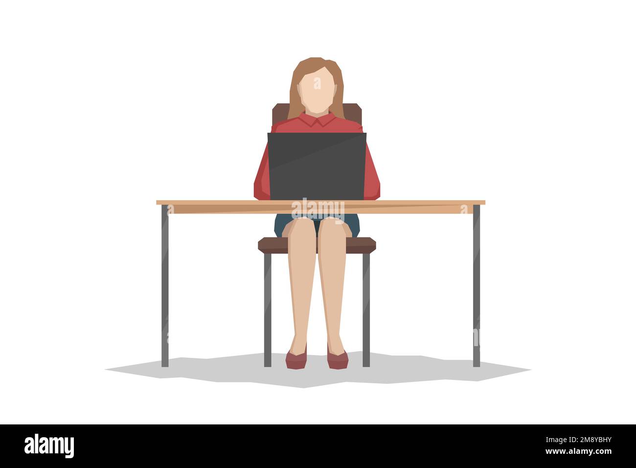 Donna seduta al tavolo e al lavoro su un computer portatile. Illustrazione vettoriale. Illustrazione Vettoriale