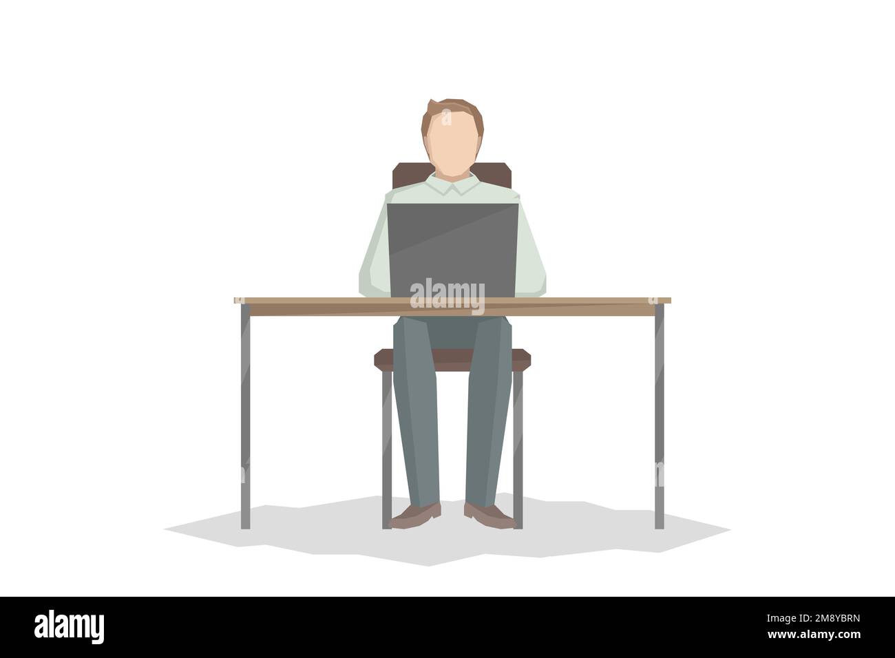 Uomo seduto al tavolo e al lavoro sul computer portatile. Illustrazione vettoriale. Illustrazione Vettoriale