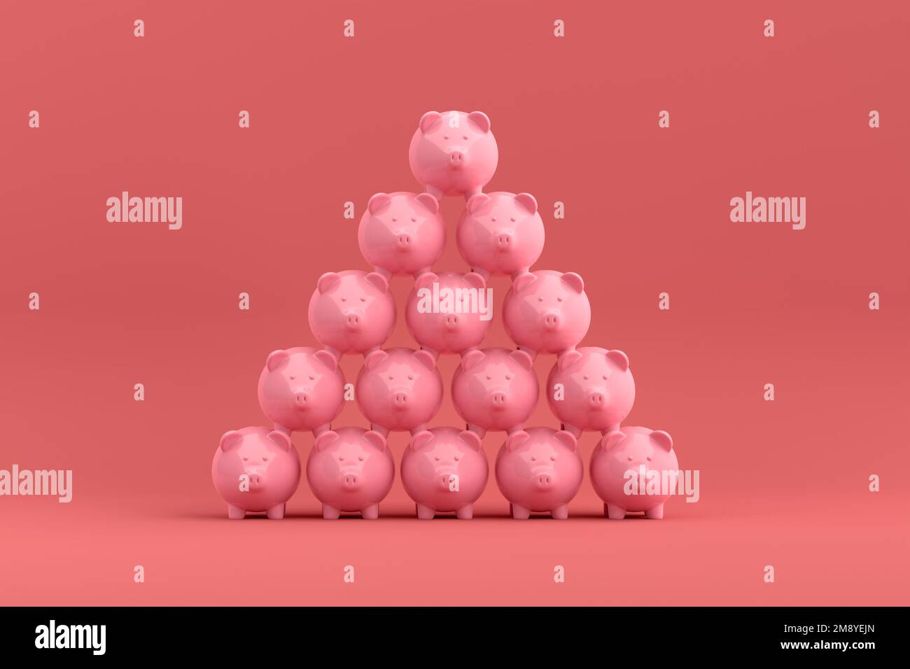 Concetto di crescita del risparmio o di accumulo di denaro. Torre piramidale di argini bianchi impilati su sfondo rosa. Rendering 3D. Foto Stock