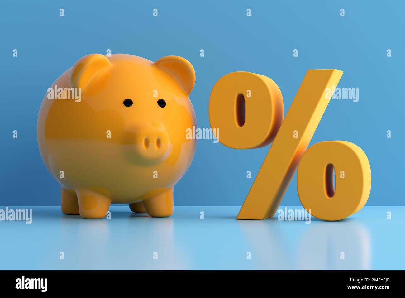 Percentuale di risparmio, rapporto di investimento o accumulo di denaro. Piggy bank e un segno di percentuale su sfondo blu. Rendering 3D. Foto Stock