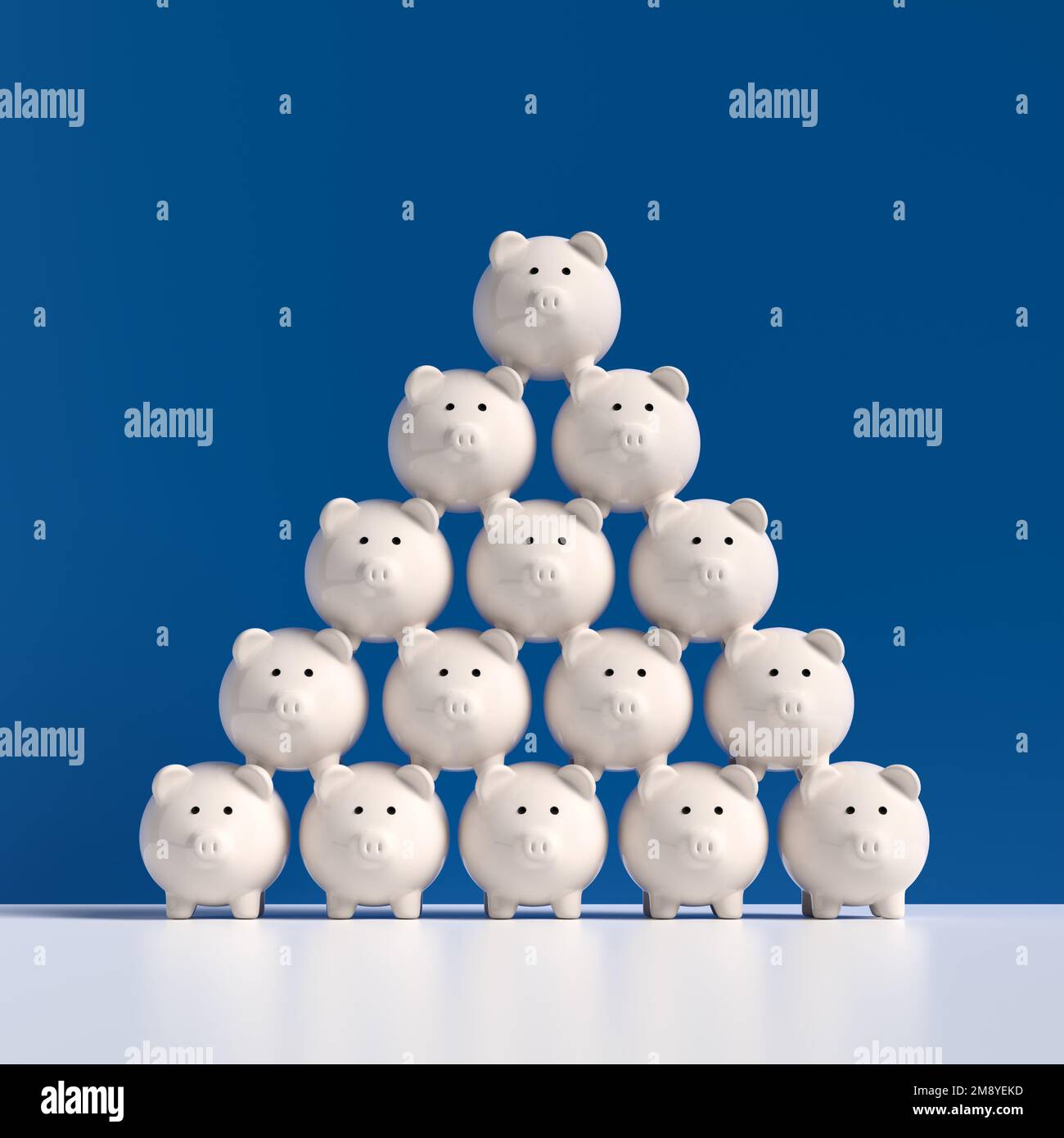 Concetto di crescita del risparmio o di accumulo di denaro. Torre piramidale di argine bianche impilate su sfondo blu. Rendering 3D. Foto Stock
