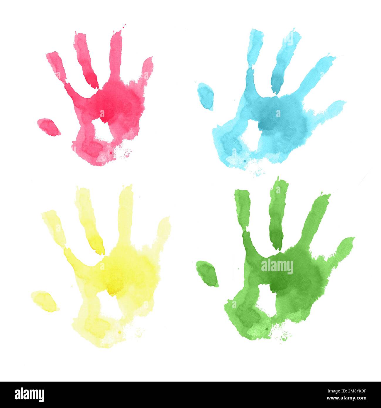 Acquerello disegnato a mano mani colorate: Giallo, verde, blu, magenta. Una parte del grande set di illustrazioni Holi Foto Stock