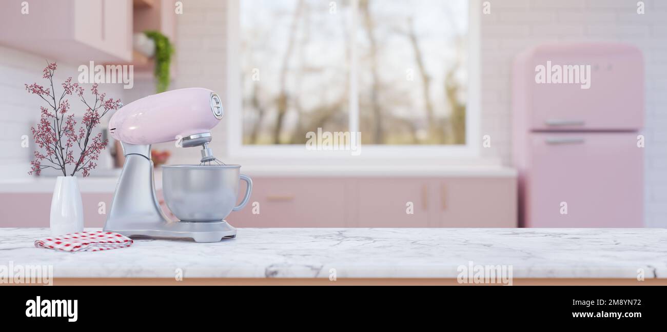 Har lært gallon skak Primo piano, tavolo da cucina in marmo bianco con stativo mixer o  impastatrice color rosa pastello e spazio copia per la visualizzazione del  prodotto su sfondo sfocato di beau Foto stock -