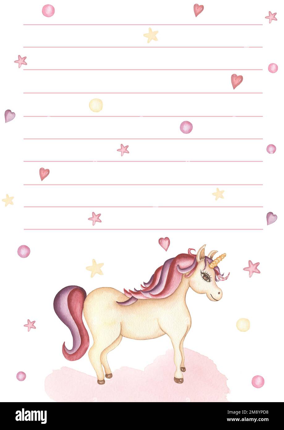 Acquerello disegnato a mano adorabile pianificatore quotidiano con unicorno carino. La mia lista di cose da fare con cuori, stelle, puntini di polka e illustrazioni di animali da pony. Note Foto Stock