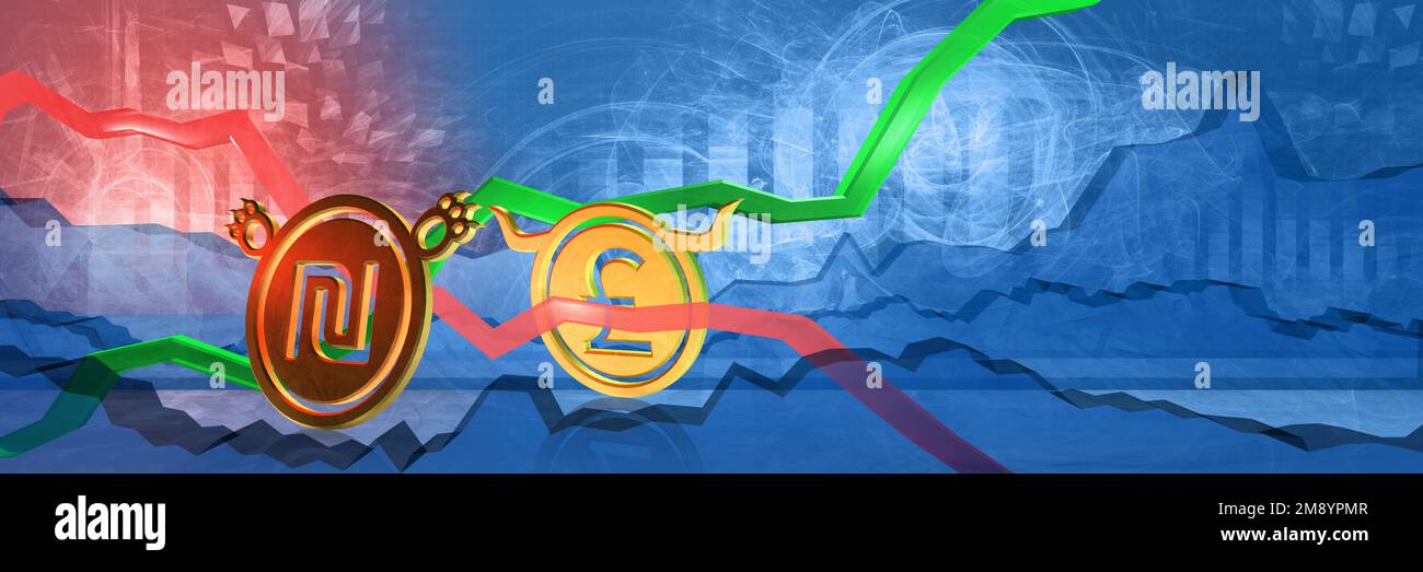 contesto del tasso di cambio valuta. posizione rialzista della sterlina britannica a shkel. denaro rappresentato come monete d'oro. 3D illustrazione del commercio del forex Foto Stock