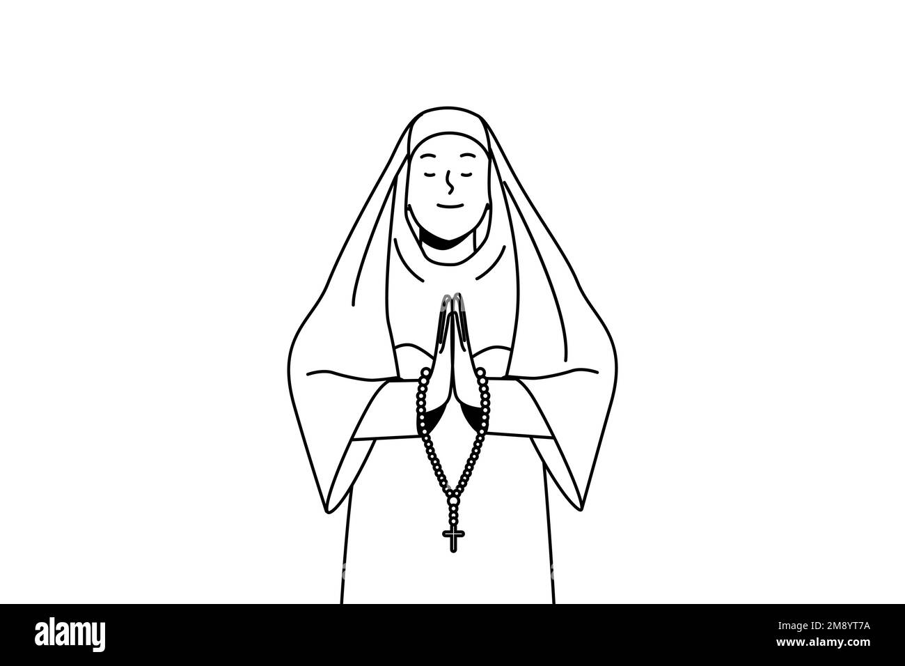 Calma suora in abiti tradizionali in preghiera. Chiesa sorella con rosario parlare a Dio. Religione e concetto di fede. Illustrazione vettoriale. Illustrazione Vettoriale