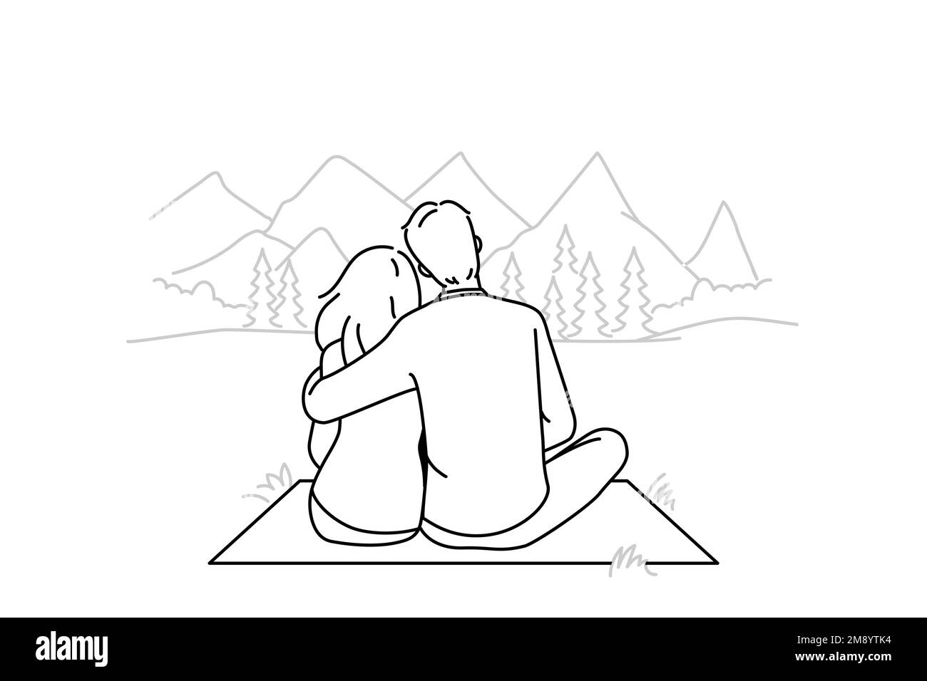 Coppia felice seduta in montagna godendo di un weekend rilassante insieme. Uomo e donna abbracciano la natura selvaggia all'aperto. Illustrazione vettoriale. Illustrazione Vettoriale
