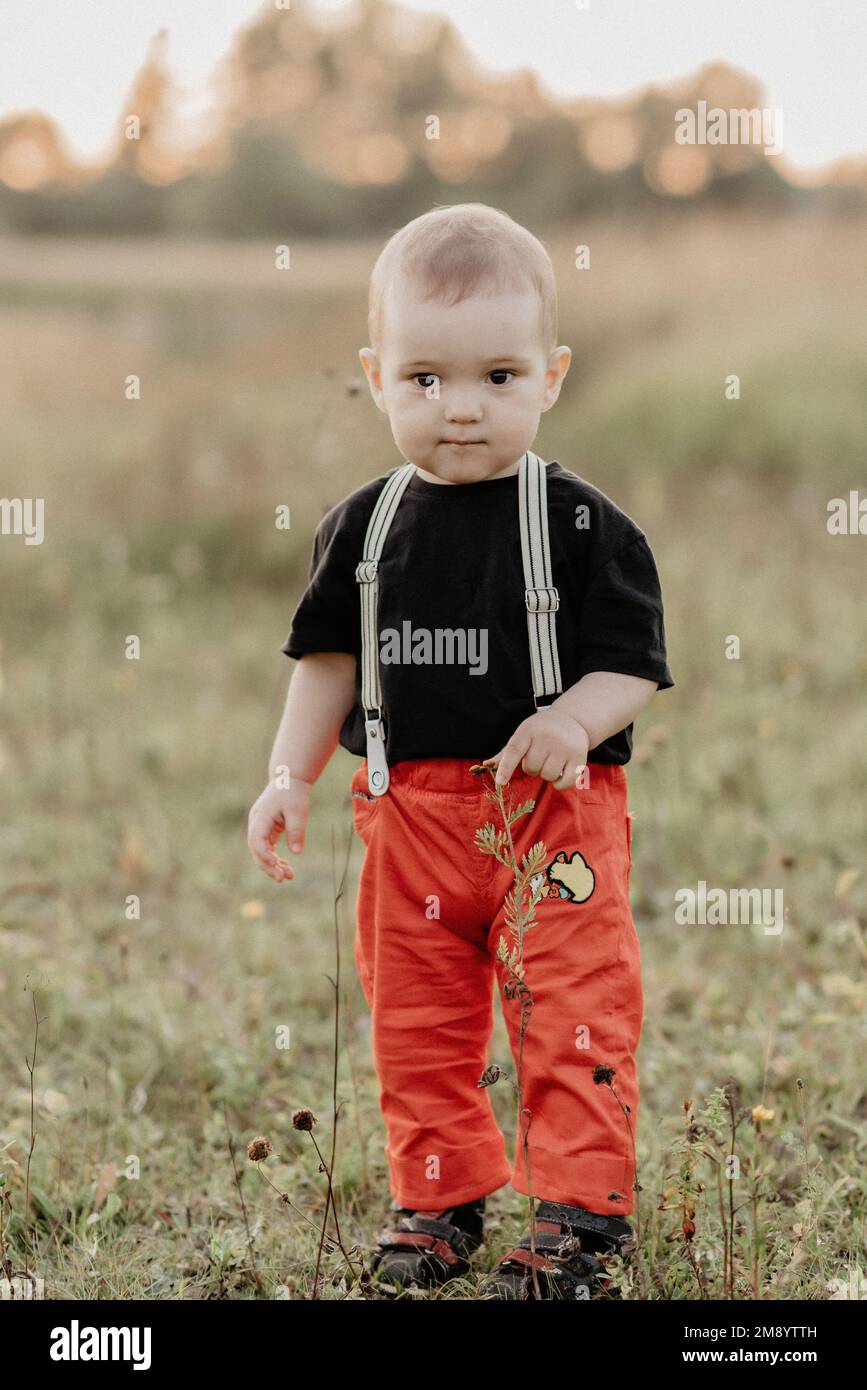 bambino in piedi nel campo sull'erba in estate. La grana aggiunta simula la pellicola Foto Stock